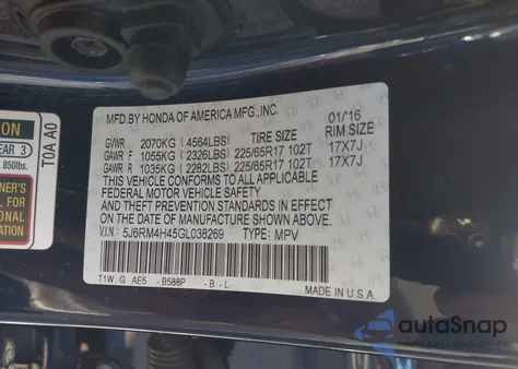 2016 Honda Cr-V Se from USA, damaged, VIN 5J6RM4H45GL038269